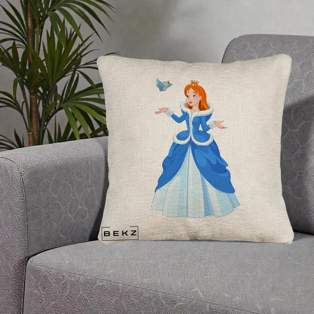 Perna Personalizata Printesa Albastra cu Pasare, 40x40 cm, Bej Canapea, Husa Detasabila, Perna Inclusa, BEKZ®