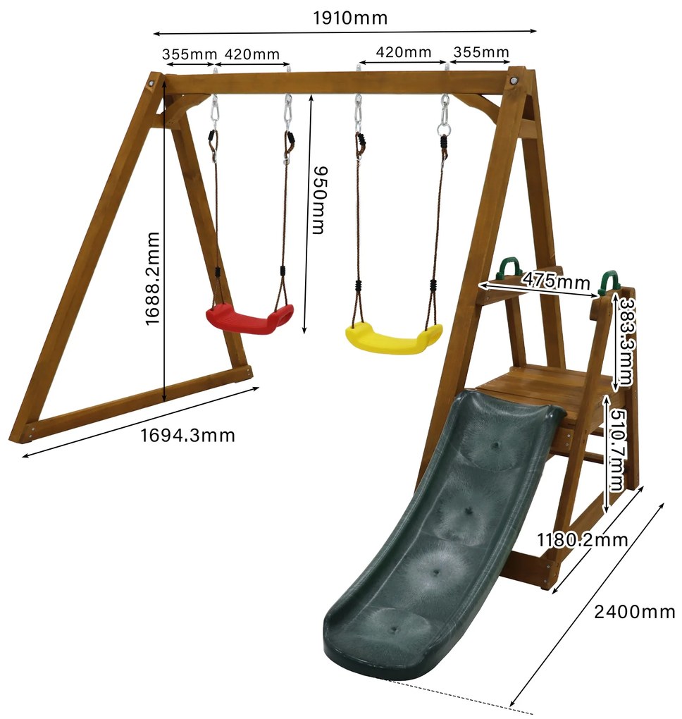 Leagăn Dublu pentru Copii din Lemn Masiv cu Tobogan de Grădină și Scară de Cățărat, Structură de Exterior, 239x240x169 cm, Natural