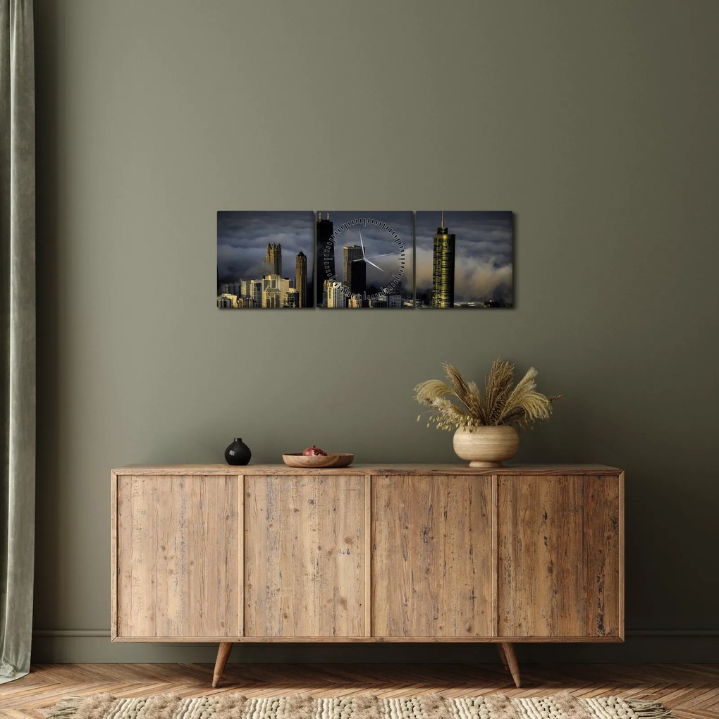 Tablou cu oraș în nori (cu ceas) (90x30 cm)