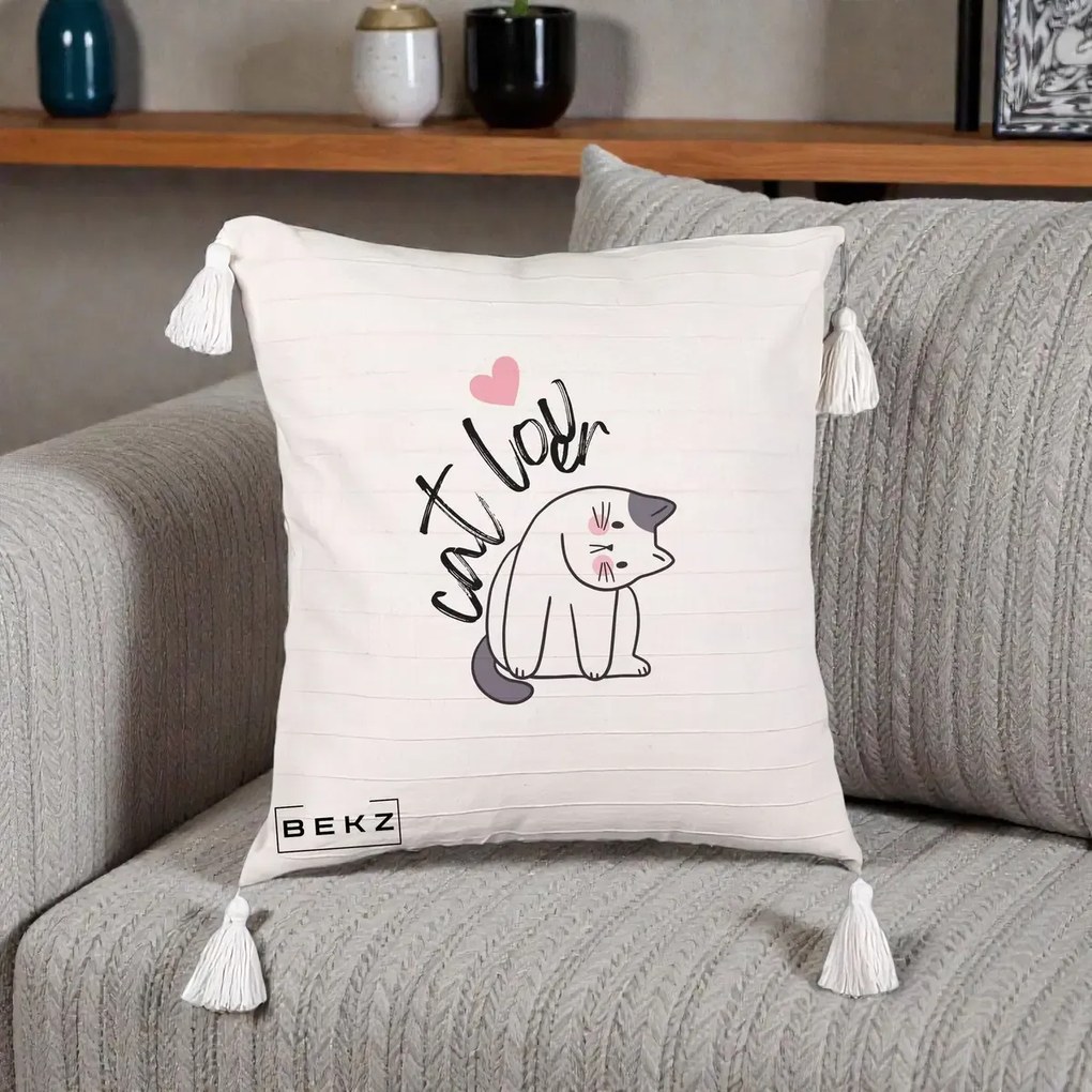 Perna Personalizata Cat Lover Pisica Ilustratie Linie, 40x40 cm, Bej cu Franjuri, Husa Detasabila, Perna Inclusa, BEKZ®