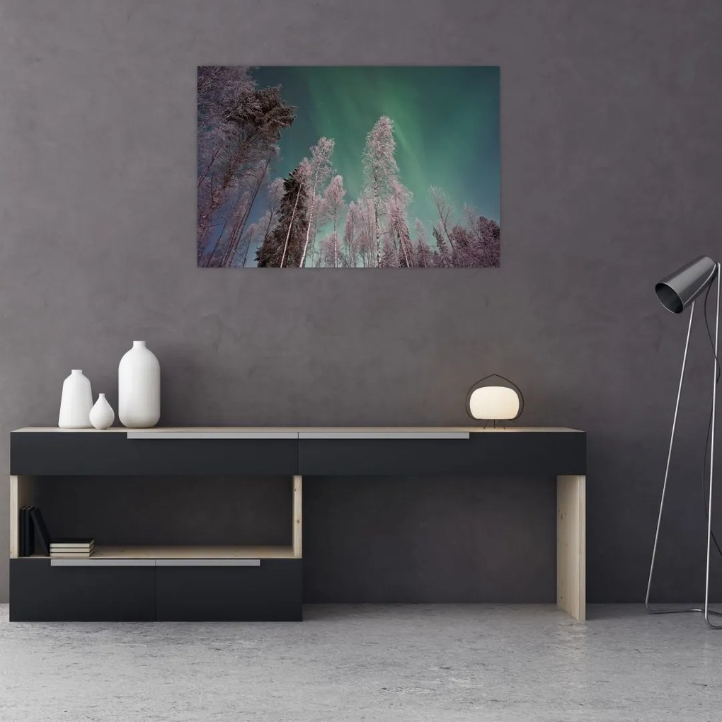 Tablou cu aurora borealis deasupra pomilor înghețați (90x60 cm)