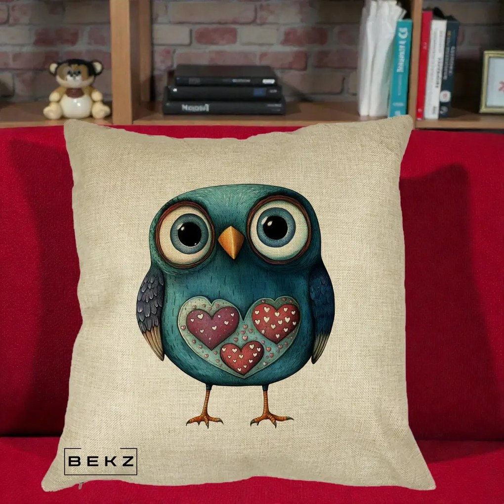 Perna Decorativa Bufnita Teal cu Doua Inimi, 40x40 cm, Crem, Husa Detasabila, Perna Inclusa, BEKZ®