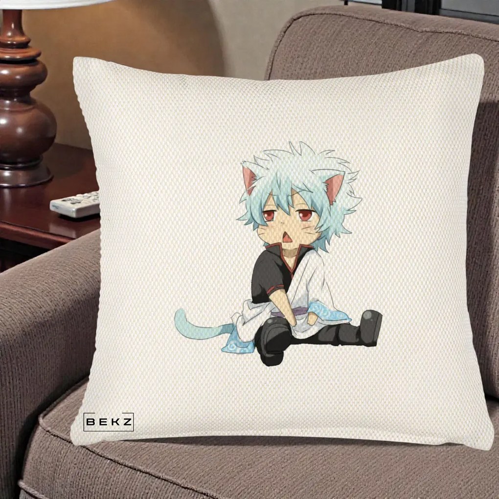 Perna Personalizata Gintama Gintoki Chibi Pisica, 40x40 cm, Crem Reliefat, Husa Detasabila, Perna Inclusa, BEKZ®