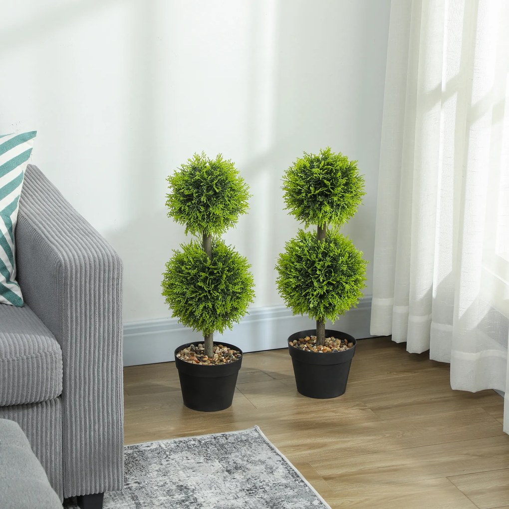 HOMCOM Set de 2 plante artificiale decorative, bile de buxus 60 cm cu ghiveci, plastic, verde | Aosom Romania