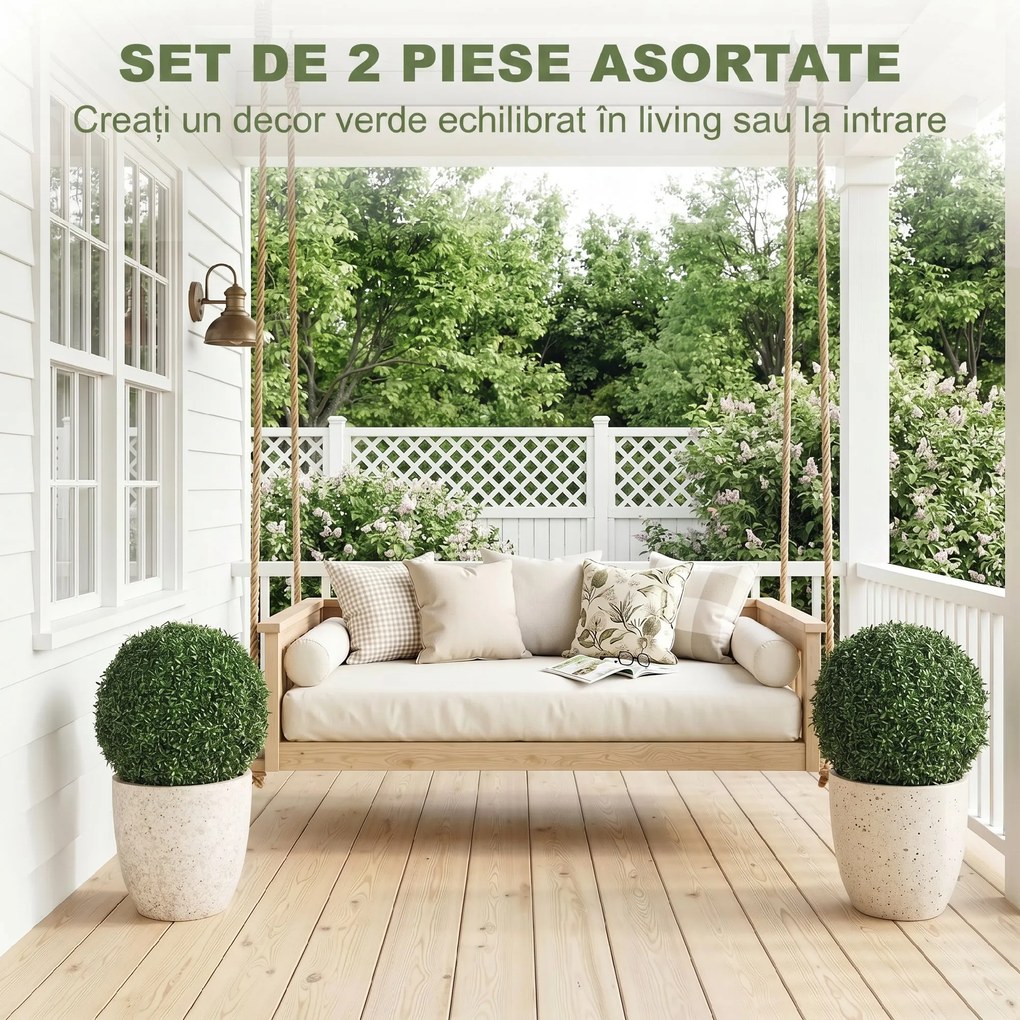 HOMCOM Plante Decorative Artificiale din Buxus cu 682 de Frunze, Rezistente la UV, Înălțime 42 cm | Aosom Romania