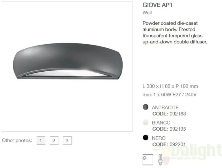 Aplica de perete exterior, cu iluminat up-and-down, IP54, GIOVE AP1 ANTRACITE 092188