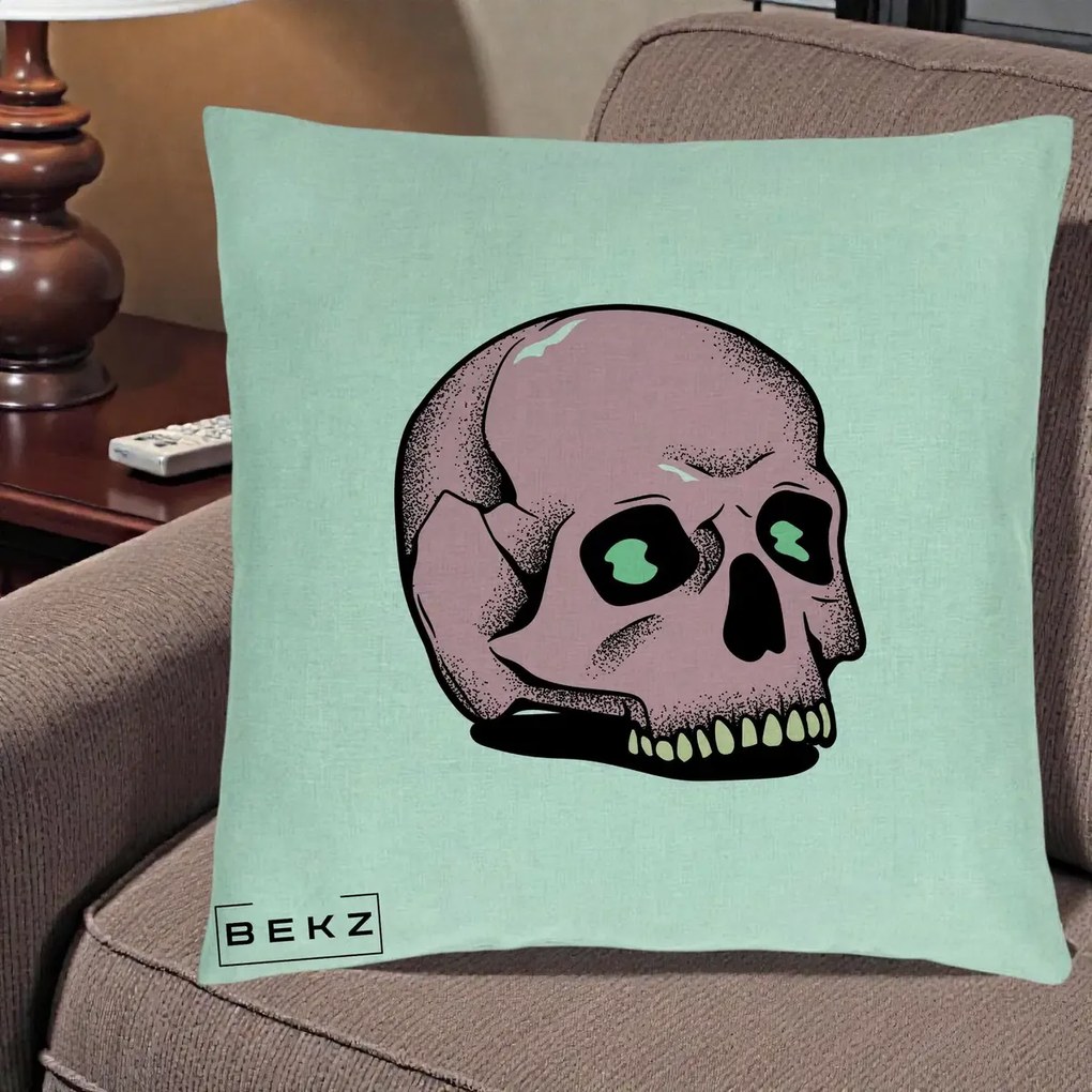 Perna Decorativa Craniu Roz Tatoo Art Halloween, 40x40 cm, Verde Menta, Husa Detasabila, Perna Inclusa, BEKZ®