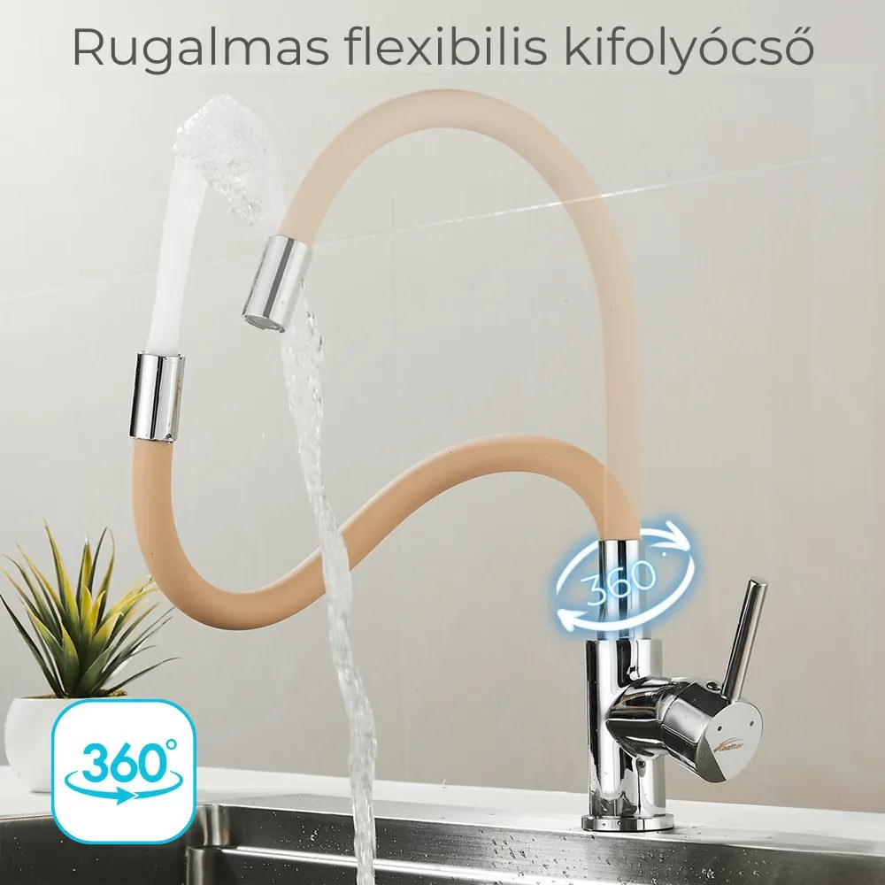 Robinet mixer pentru chiuvetă cu piedestal Corin cu gura de scurgere flexibilă bej