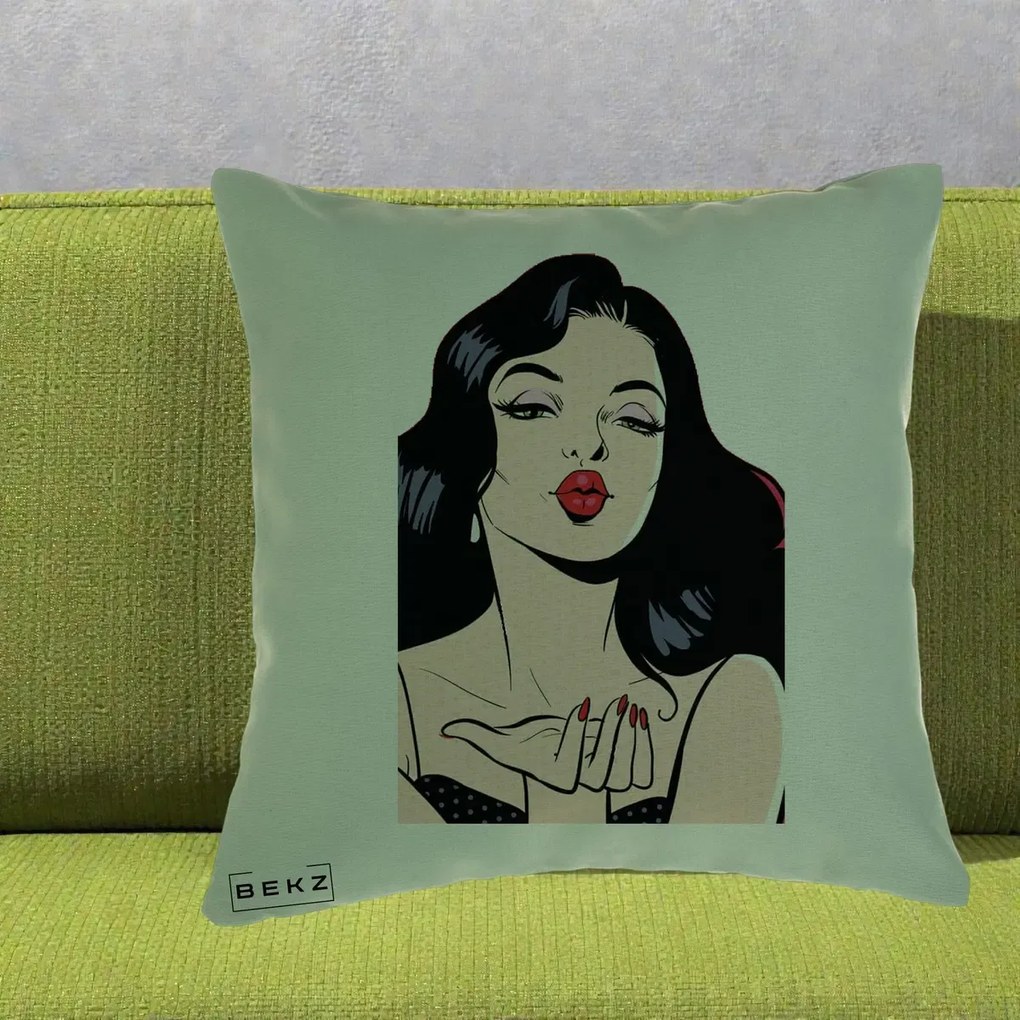 Perna Decorativa Femeie Pop-Art Kiss, 40x40 cm, Verde, Husa Detasabila, Perna Inclusa, BEKZ®