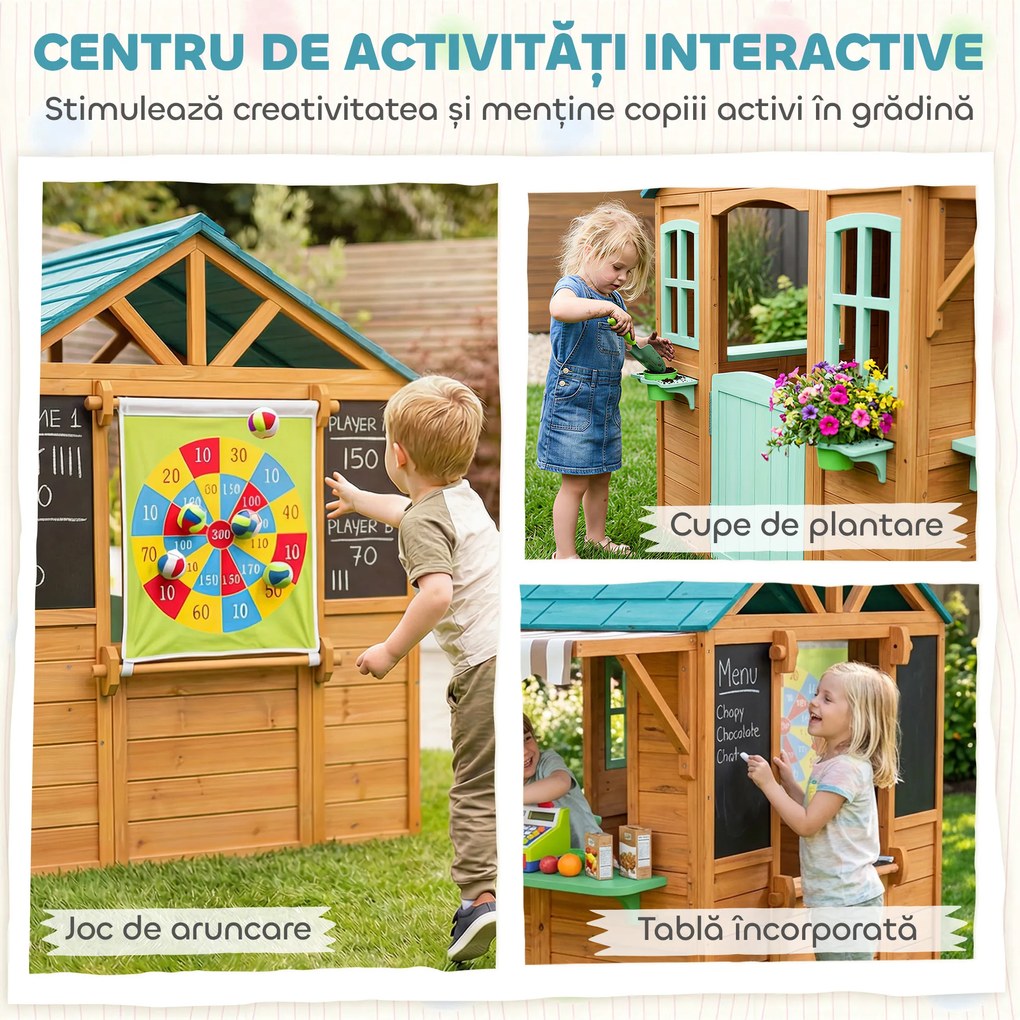 AIYAPLAY Căsuță de Joacă de Exterior cu Bar pentru Gustări, Ușă Pe Jumătate, Ferestre, Suporturi pentru Ghivece, Tablă de Desen, Tablă de Țintă, 4 Bile | Aosom Romania
