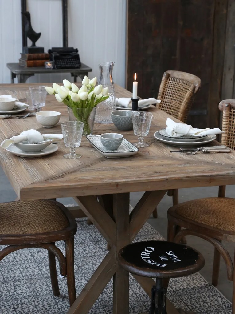 Masă dining din lemn reciclat, natur, 10 locuri, cu bază în formă de capră, 77 x 200 x 90 cm, „Old French”