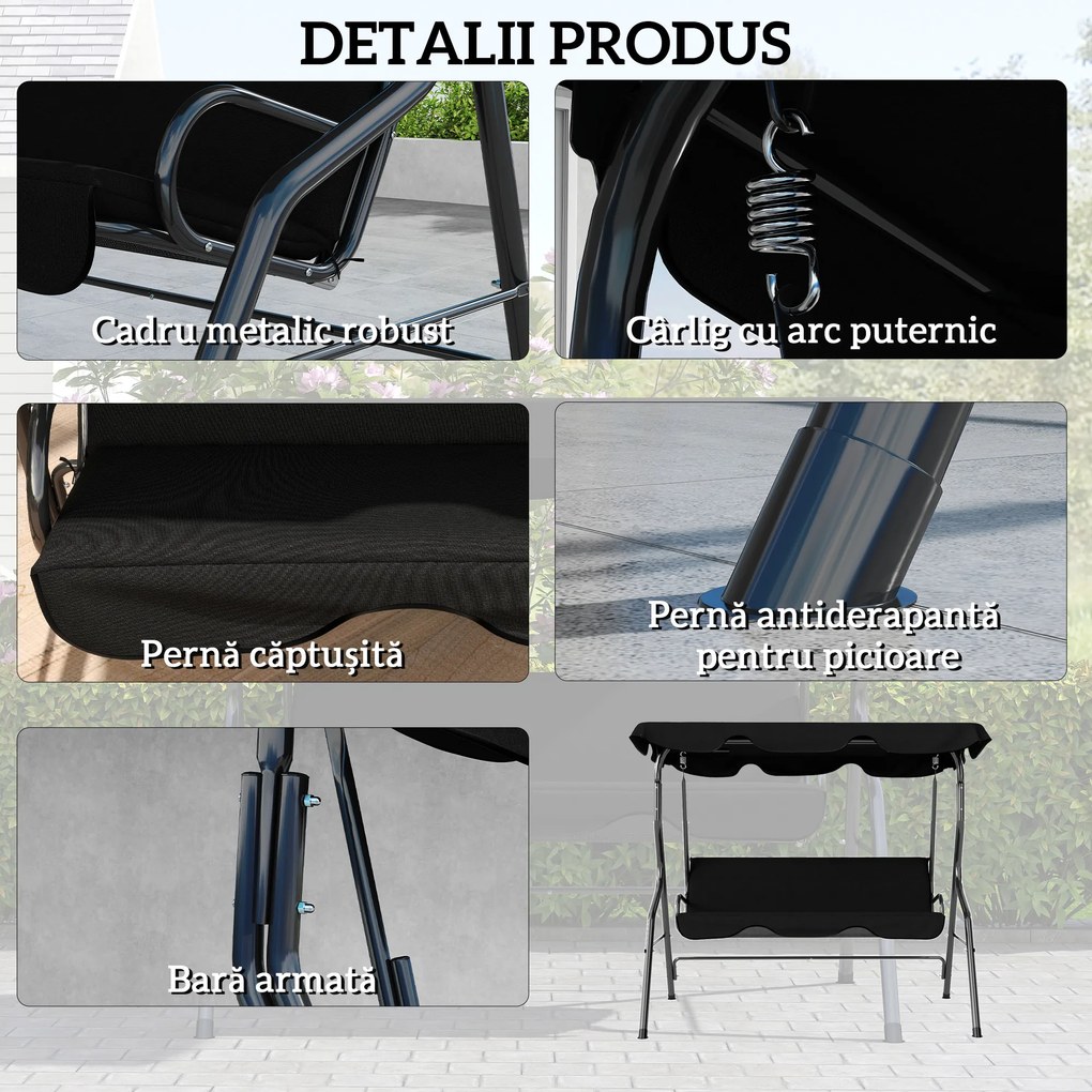 Outsunny Balansoar de Grădină 3 Locuri cu Acoperiș Reglabil și Perne Moi din Poliester, Capacitate 240 kg, 170x110x153 cm, Negru | Aosom Romania