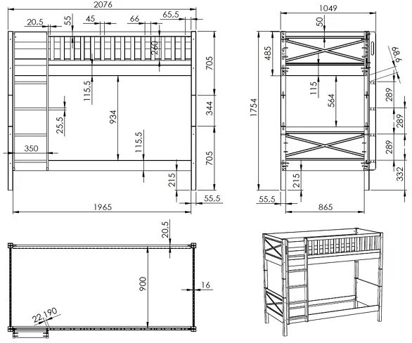Pat supraetajat pentru copii SCOTT, alb, 90 x 200 cm, din pin scandinav masiv, cu somiere incluse – Vipack