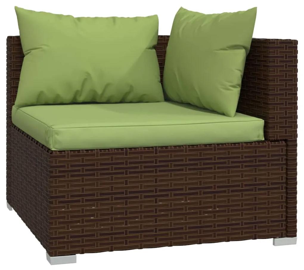 Set mobilier de gradina cu perne, 7 piese, maro, poliratan maro si verde, 3x mijloc + 3x colt + suport pentru picioare, 1