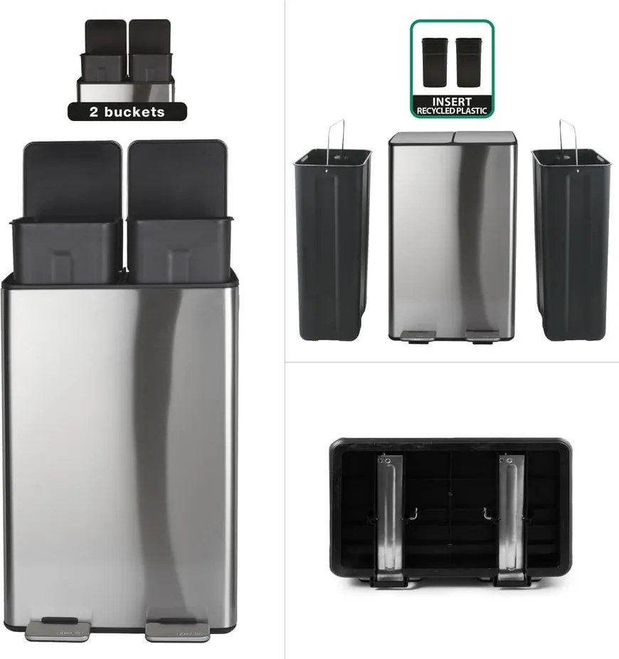 Coș de gunoi argintiu mat pentru reciclare/cu pedală 2x30 l din oțel Aliya – Spirella