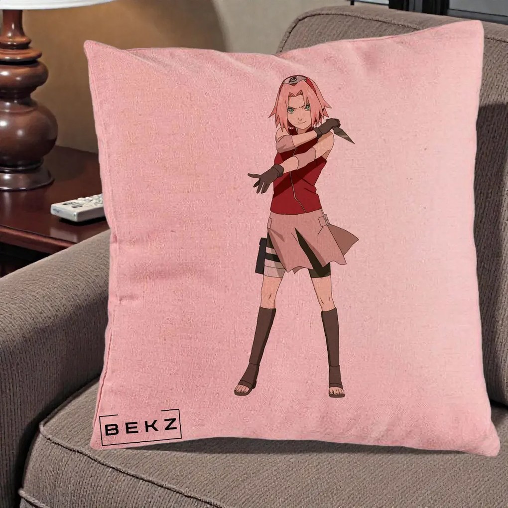 Perna Personalizata Naruto Sakura Haruno Portret, 40x40 cm, Roz, Husa Detasabila, Perna Inclusa, BEKZ®