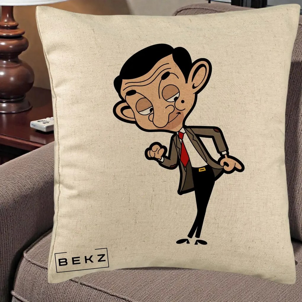 Perna Personalizata Mr. Bean Caricatura, 40x40 cm, Bej, Husa Detasabila, Perna Inclusa, BEKZ®
