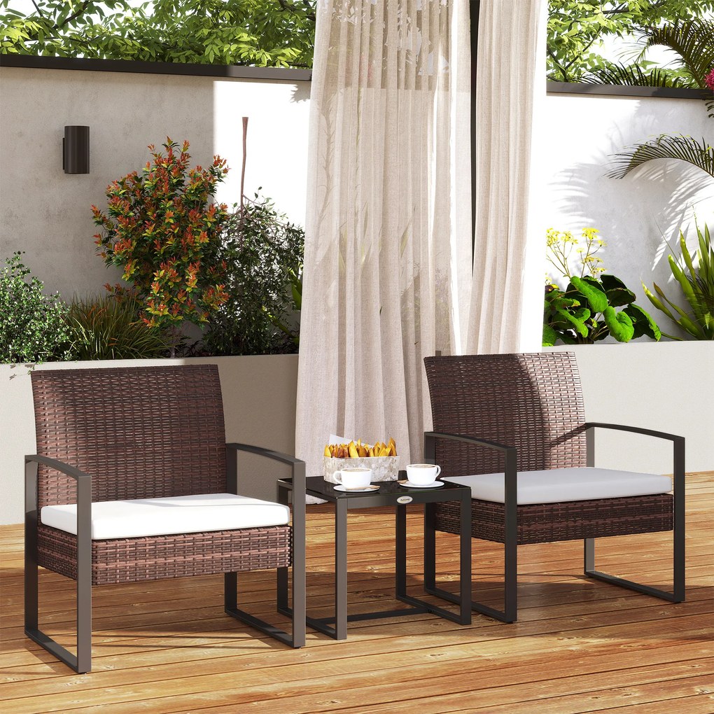 Set de mobilier de balcon Outsunny din Poliratan pentru 2 persoane, set de balcon cu perne Maro+Crem | Aosom Romania