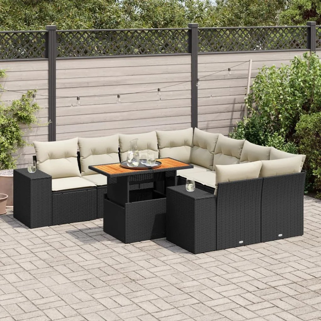 3327353 vidaXL Set mobilier de grădină cu perne, 9 piese, negru, poliratan