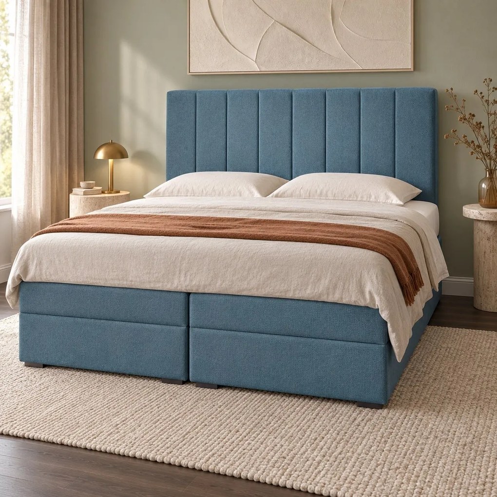 Pat boxspring din catifea Novella cu ladă 140×200 cm, albastru