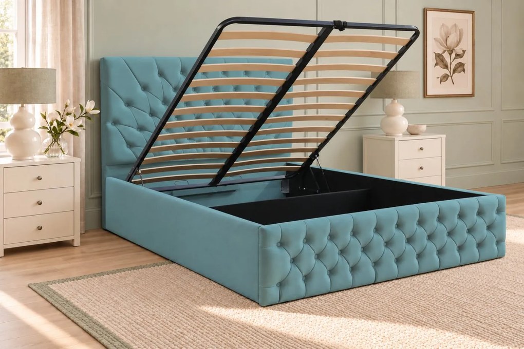 Pat tapițat Chesterfield din catifea Venezia 160×200 cm, verde marin, cu ladă de depozitare