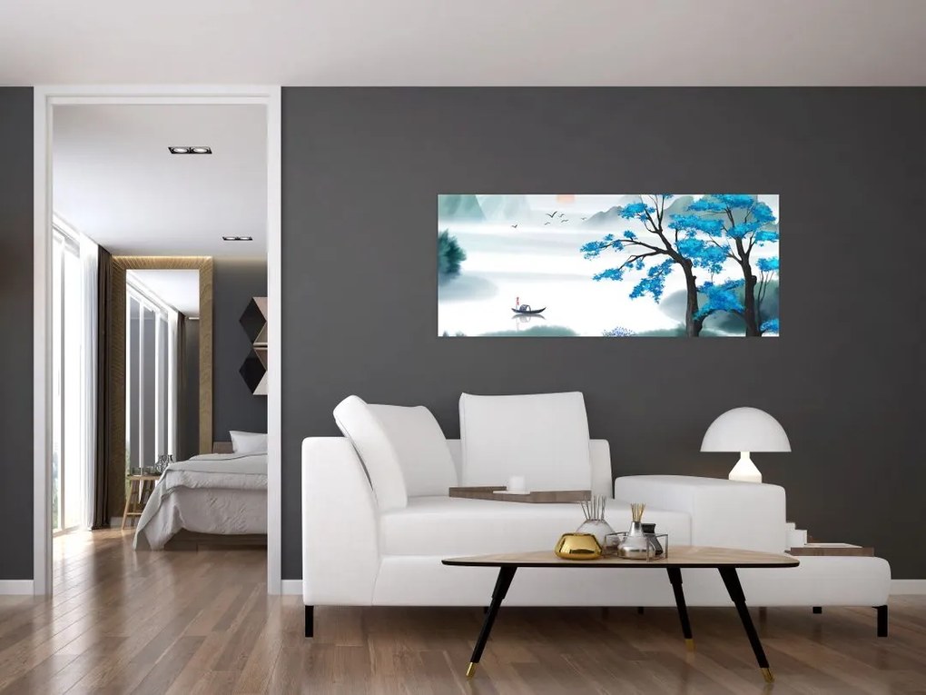 Tablou - Pictură, lac cu barcă (120x50 cm)