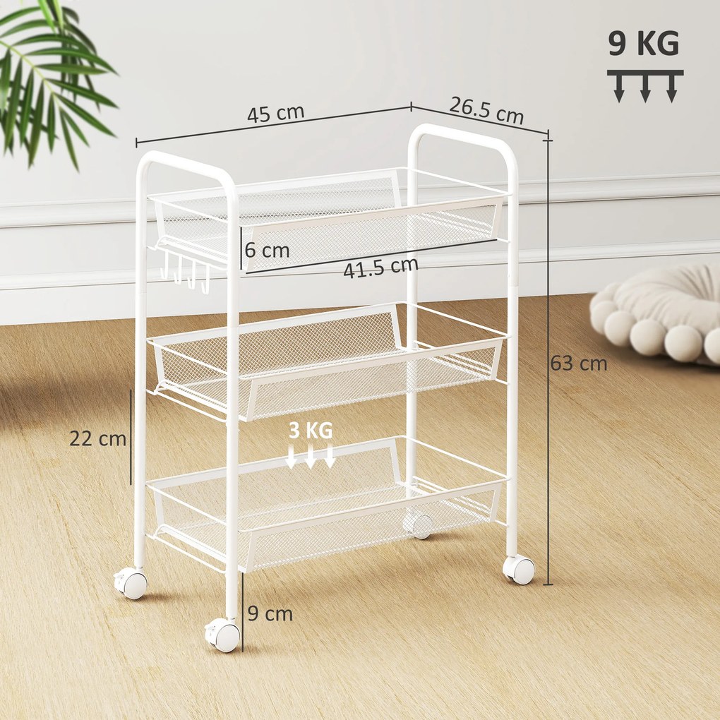 HOMCOM Cărucior de bucătărie cu 3 niveluri, coșuri detașabile și 4 roți, din oțel și plastic PP, 41,5 x 26,5 x 63 cm, alb | Aosom Romania