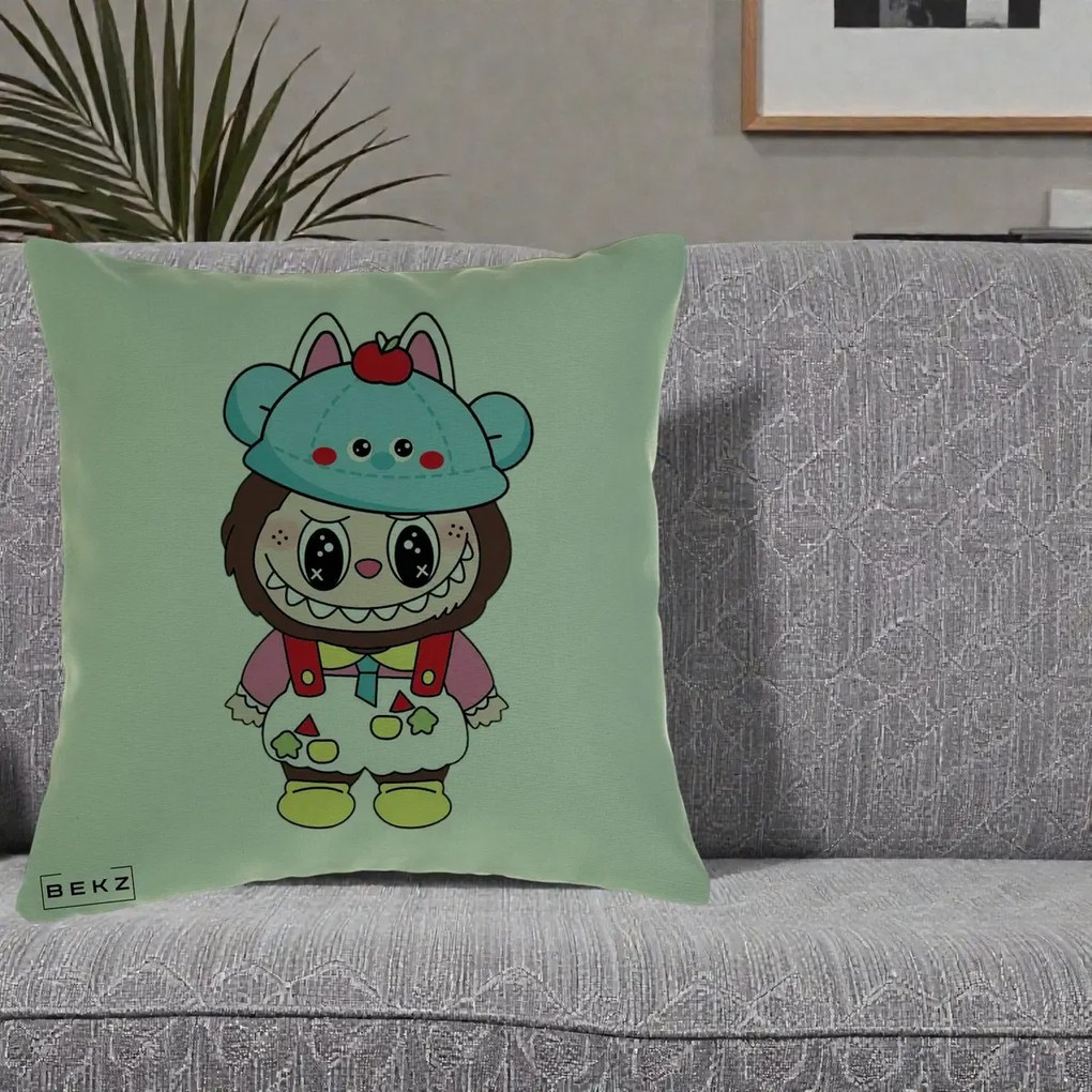 Perna Personalizata Labubu x Urs Albastru Colorat, 40x40 cm, Verde, Husa Detasabila, Perna Inclusa, BEKZ®