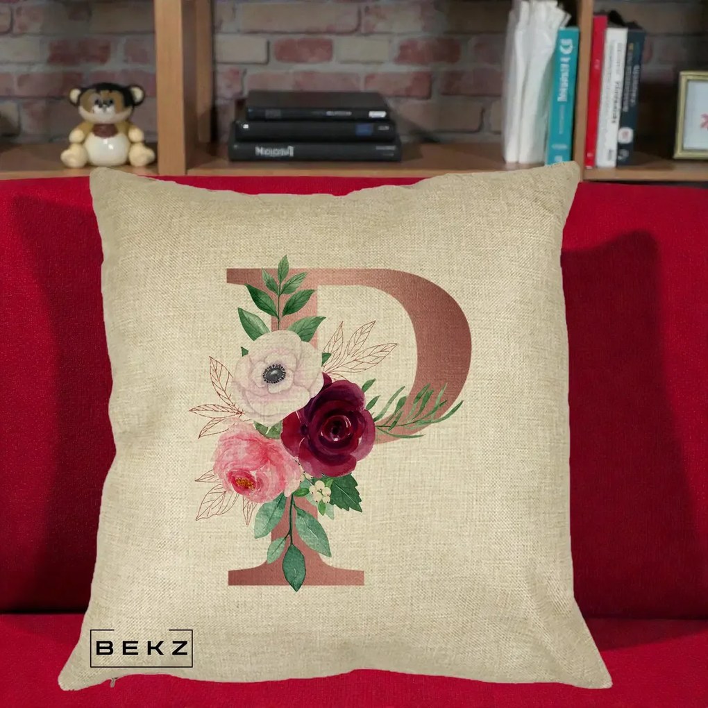 Cadou Personalizat - Perna Personalizata Monograma Rose Gold Litera P, 40x40 cm, Crem, Husa Detasabila, Perna Inclusa, BEKZ®