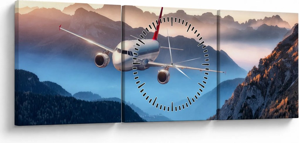 Tablou - Avion peste crestele montane (cu ceas) (90x30 cm)
