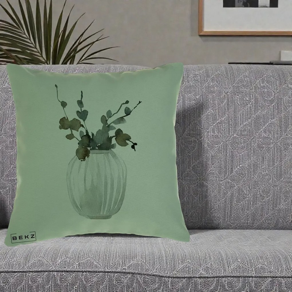 Perna Decorativa Vaza cu Eucalipt Watercolor, 40x40 cm, Verde, Husa Detasabila, Perna Inclusa, BEKZ®