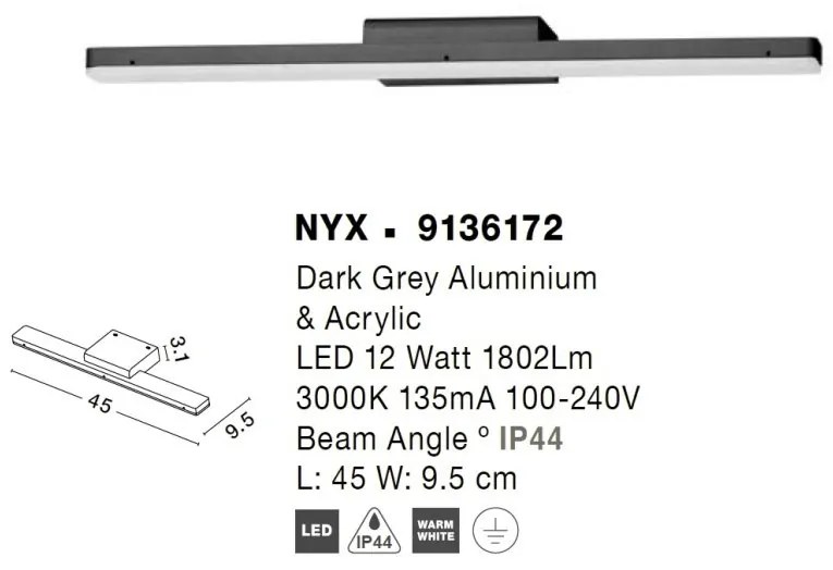 Aplica LED pentru baie cu protectie IP44 NYX gri