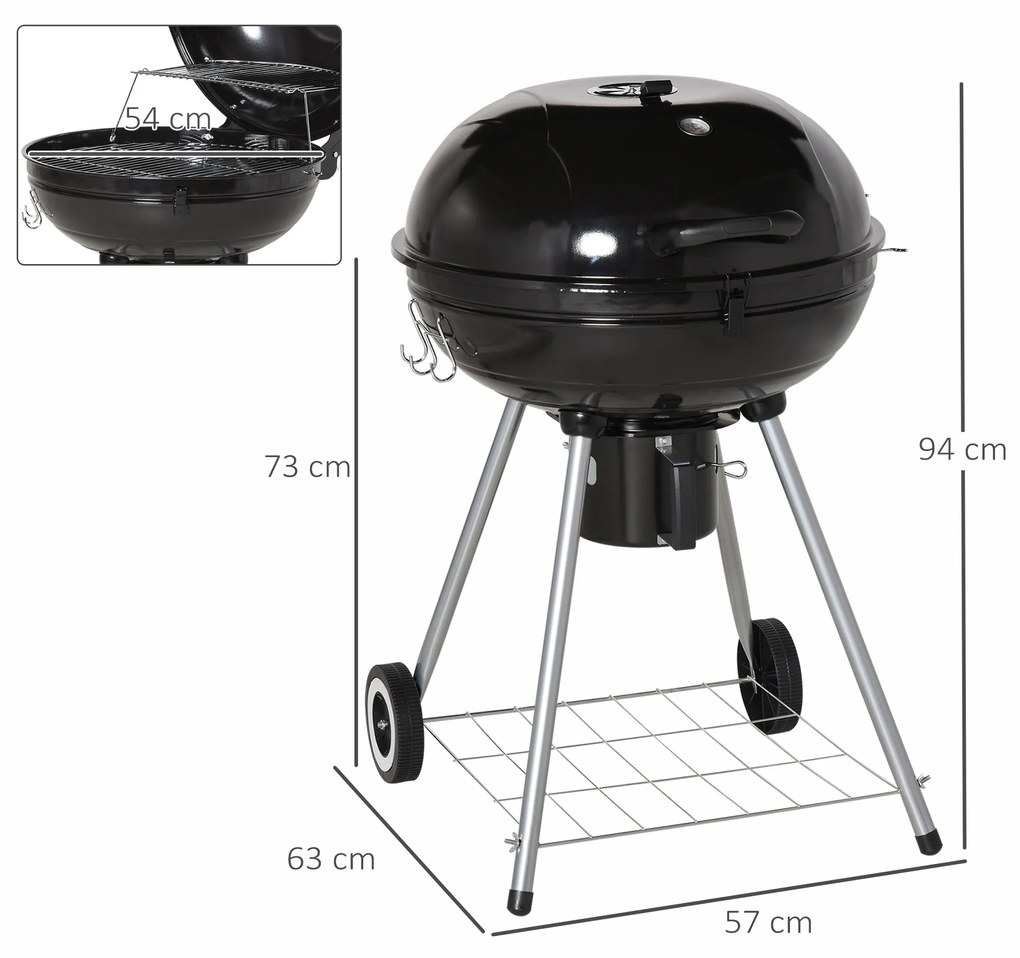 Gratar cu Carbune Capac si Termometru Outsunny, Grilaj Dublu, Metal Negru | Aosom RO