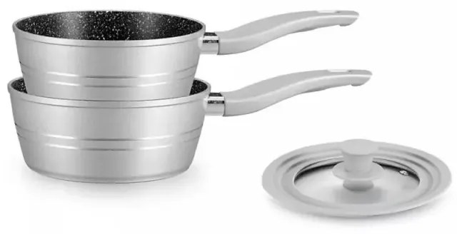 Set de oale cu capac universal Royalty Line RL-FS2MS, 3 piese, finisaj marmorat, compatibil cu plite cu inducție, argintiu