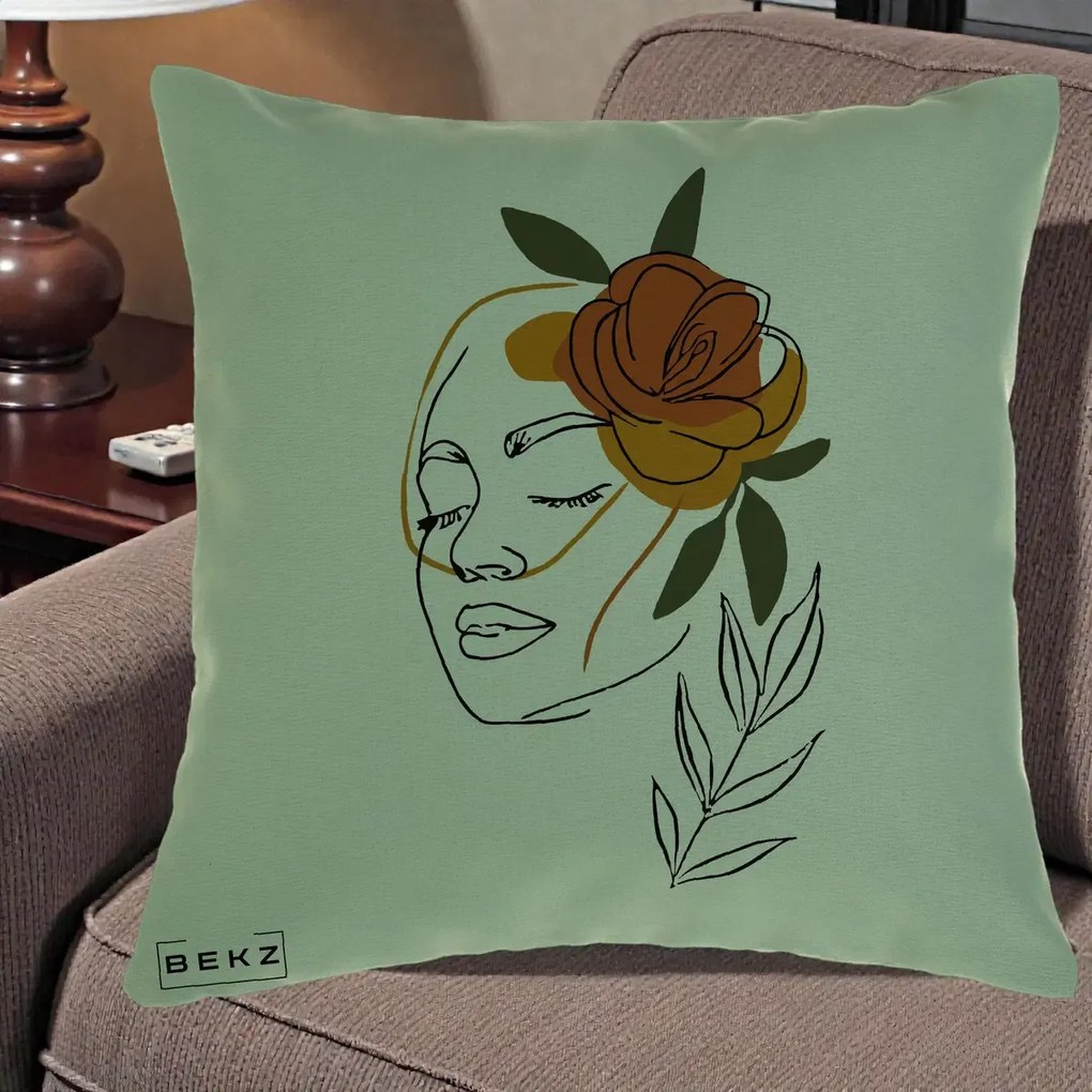 Perna Decorativa Portret Feminin Trandafir Ruginiu, 40x40 cm, Verde, Husa Detasabila, Perna Inclusa, BEKZ®