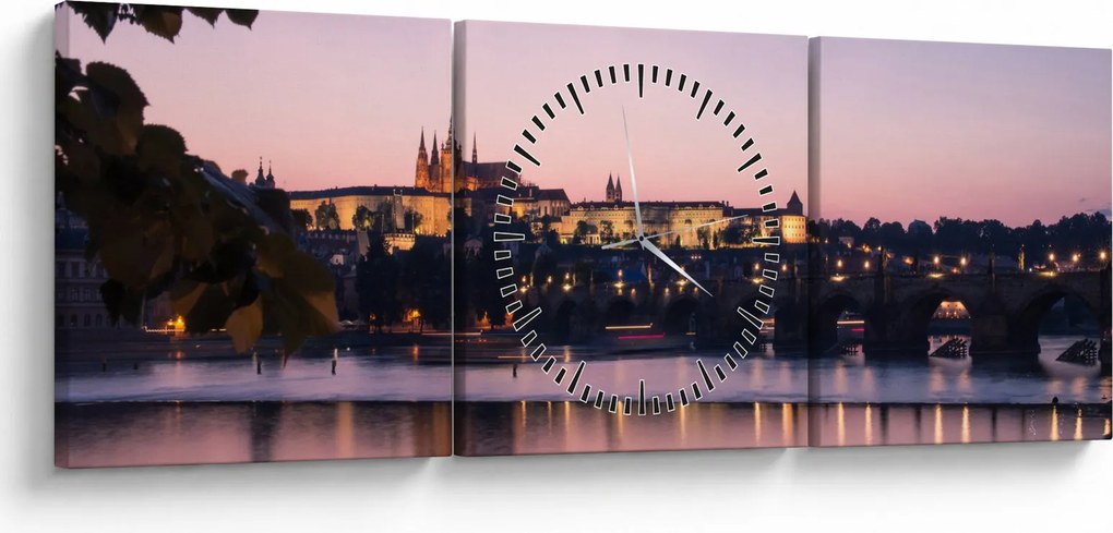 Tablou cu palatul din Praga și Vltava (cu ceas) (90x30 cm)