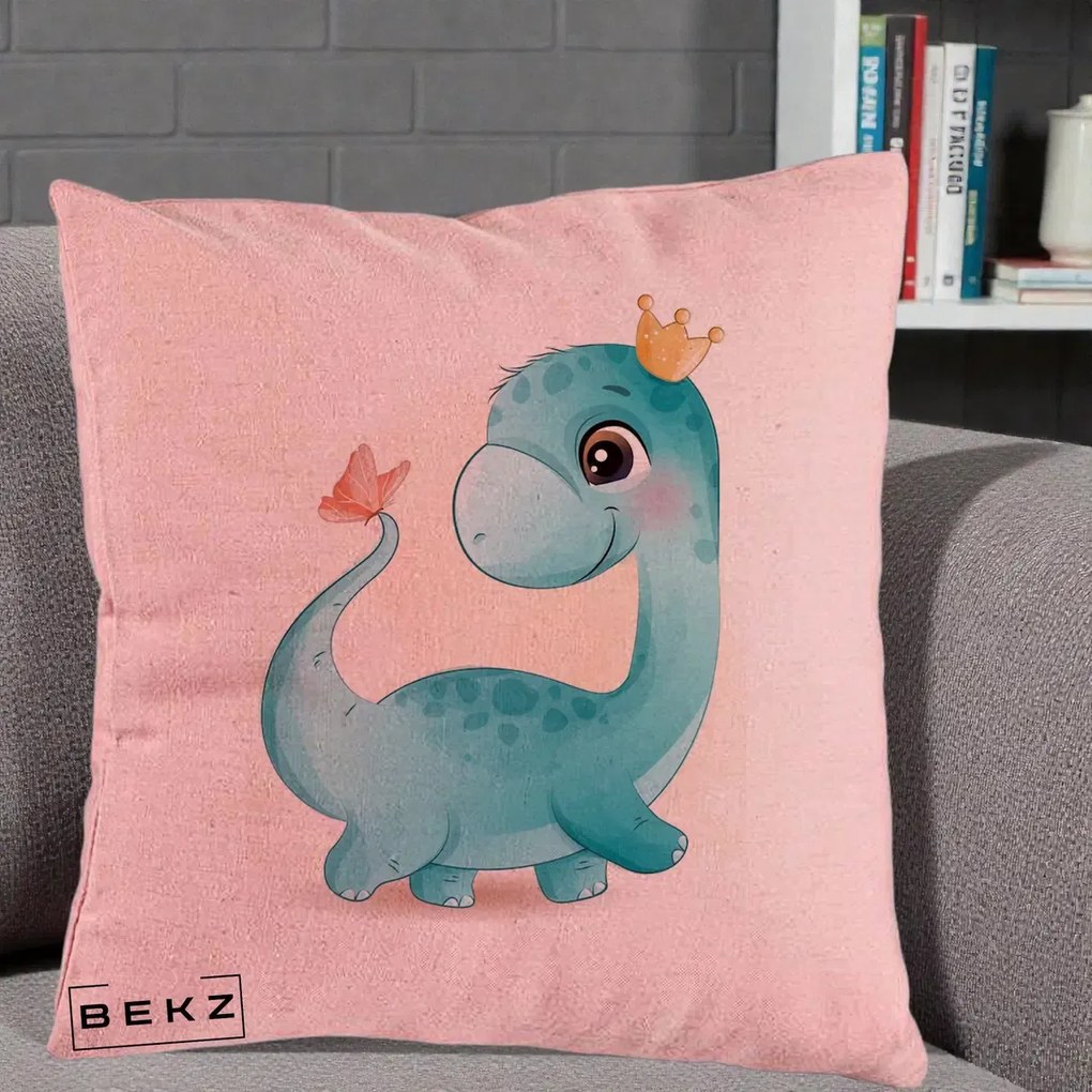 Perna Personalizata Dinozaur Bland Coroana Kawaii, 40x40 cm, Roz, Husa Detasabila, Perna Inclusa, BEKZ®