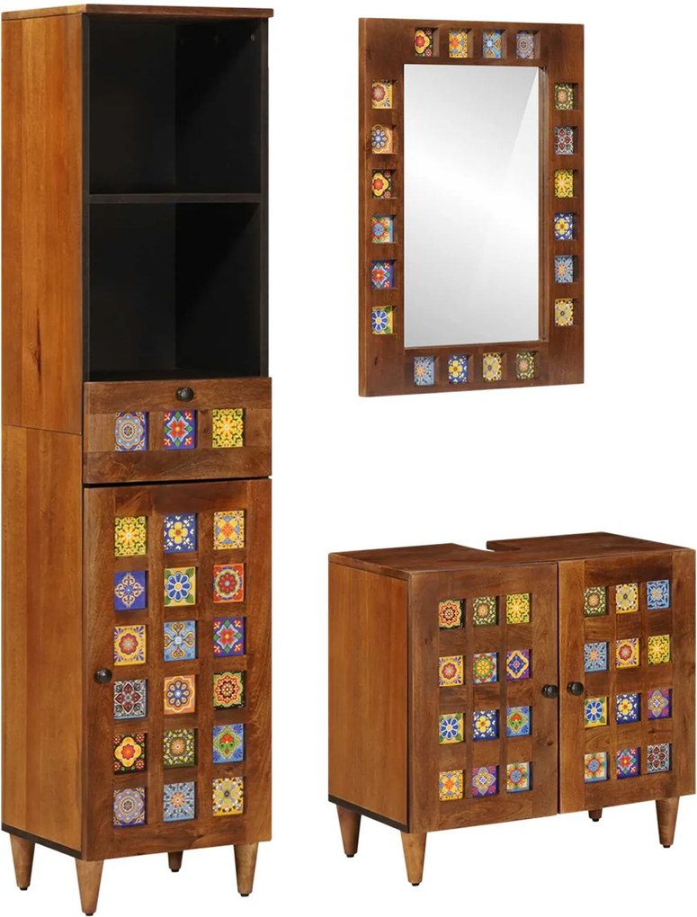 vidaXL Set de mobilier pentru baie 3 pcs castan Lemn de mango solid