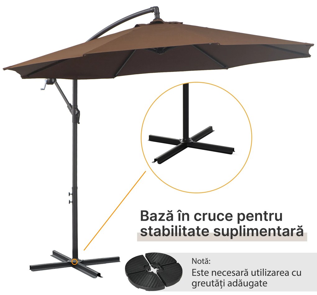 Outsunny Umbrelă Exterioară cu Manivelă, din Oțel și Poliester Rezistent la UV, Ø295x245 cm, Cafea | Aosom Romania