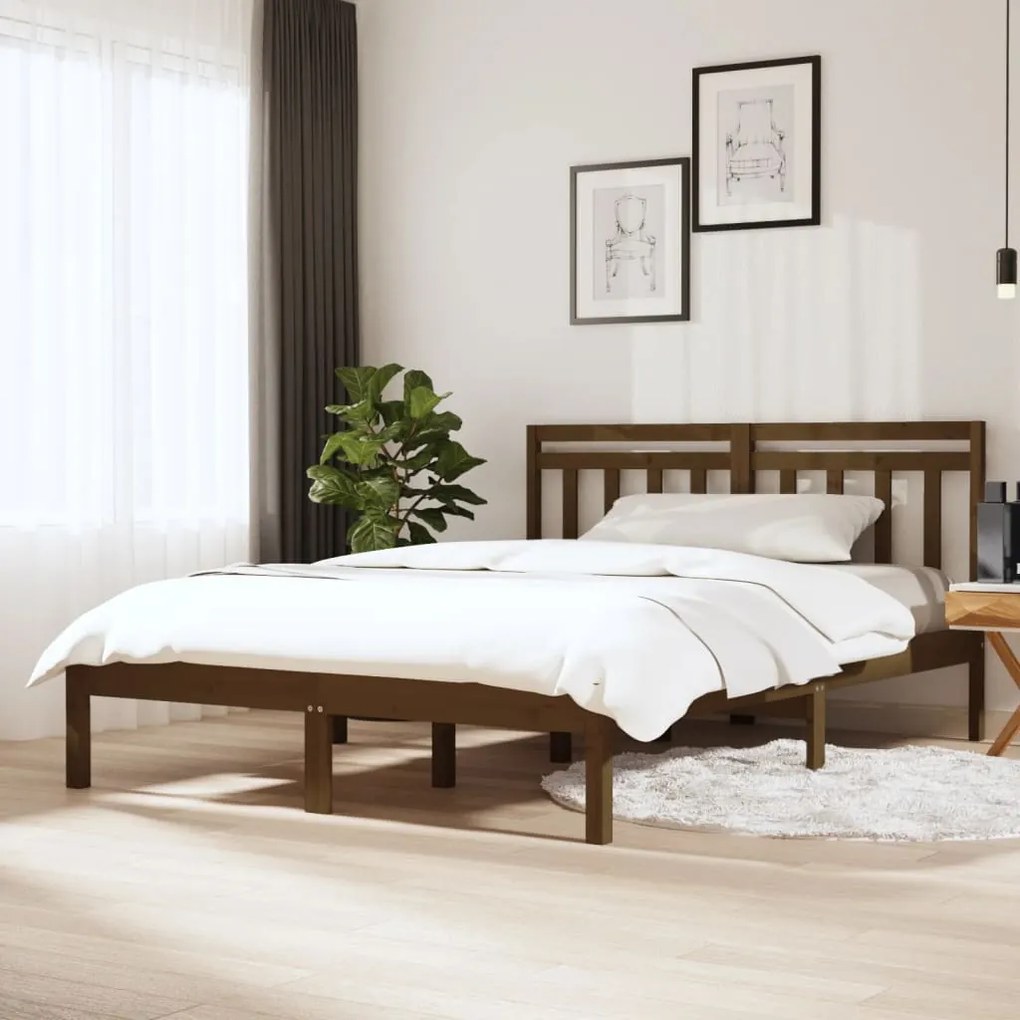 Cadru pat 5FT King Size, maro miere, 150x200 cm, lemn masiv maro miere, 150 x 200 cm