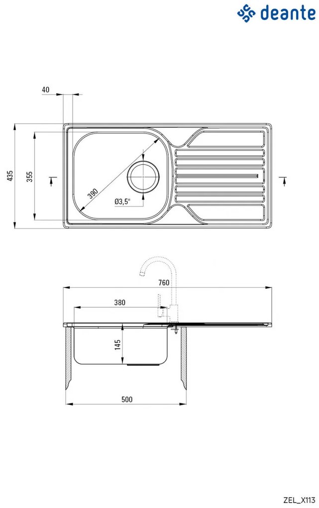 Chiuvetă din inox, 1-cuvă cu picurător - 3,5" rigole, Legato, ZEL_3113