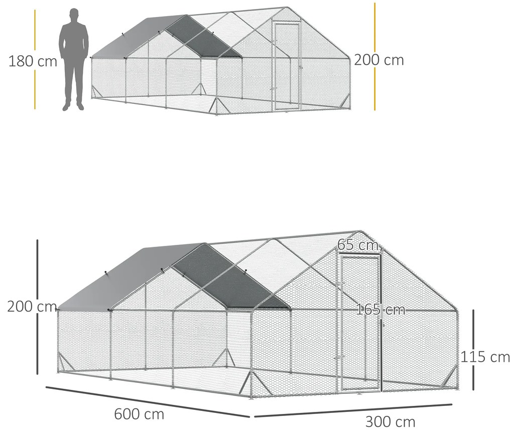 Cotet gaini PawHut cu Cadru Zincat si Plasa Hexagonala, Acoperis din Material Impermeabil pentru Gaini, Rate si Iepuri, 3x6x2m | Aosom Romania