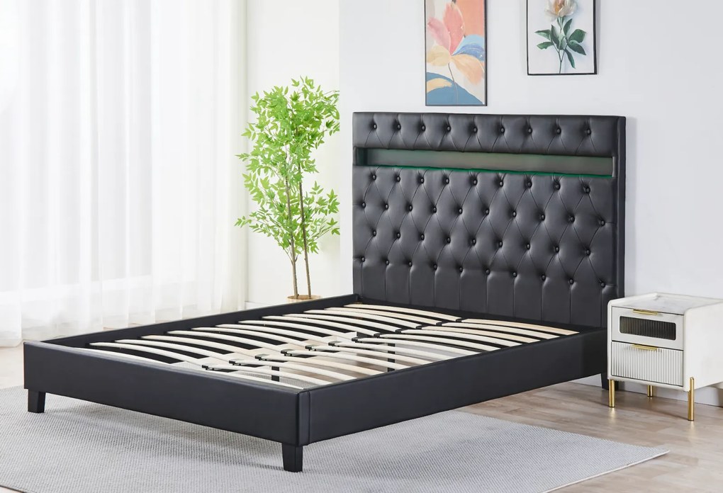 Pat Tapitat Catifea cu Iluminare LED, Somiera si Saltea Inclusa ,   Negru 160x200 cm   Cod FB-18