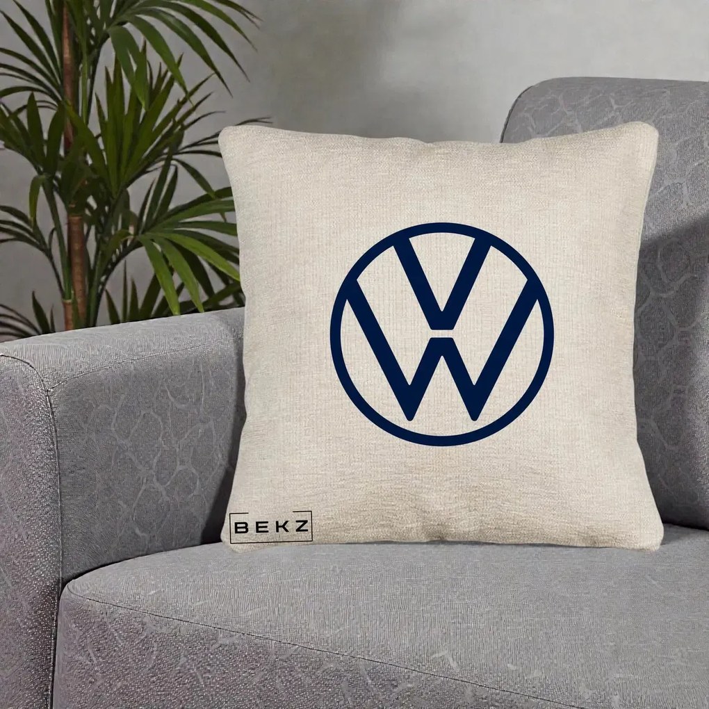 Perna Personalizata cu emblema Volkswagen, 40x40 cm, Bej Canapea, Husa Detasabila, Perna Inclusa, BEKZ®