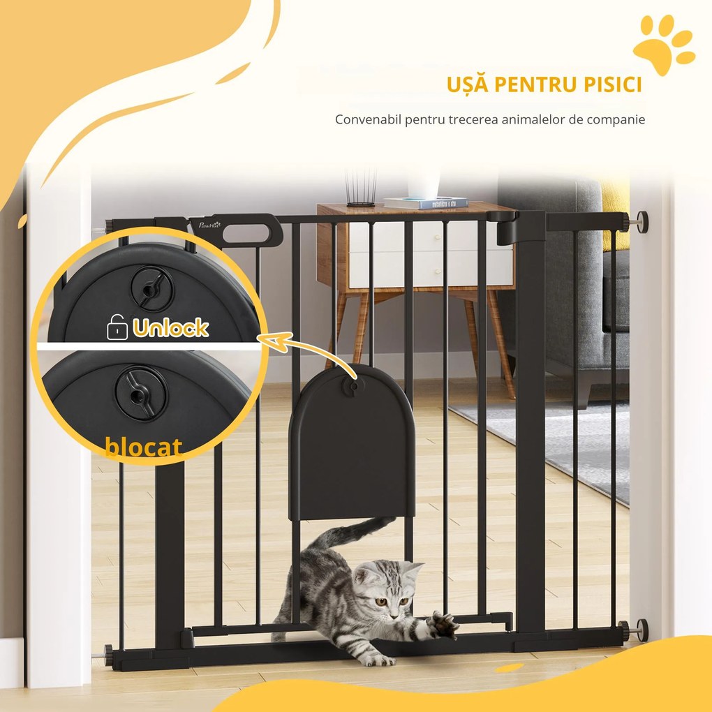 PawHut Barieră Reglabilă pentru Câini cu Ușă Mică, Montare prin Presiune și Închidere Automată, 75-103x76 cm, Negru | Aosom Romania