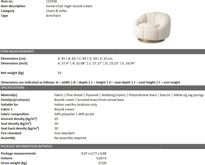 Fotoliu pivotant design elegant Inger, boucle crem 115258 HZ