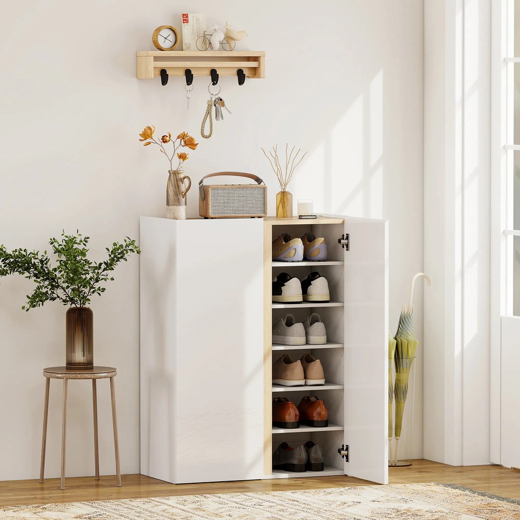 HOMCOM Chiosc pentru pantofi cu funcție de închidere blândă, design cu 6 niveluri fără mânere, susține până la 18 perechi, pentru hol, zona de intrare, lemn, Alb | Aosom Romania