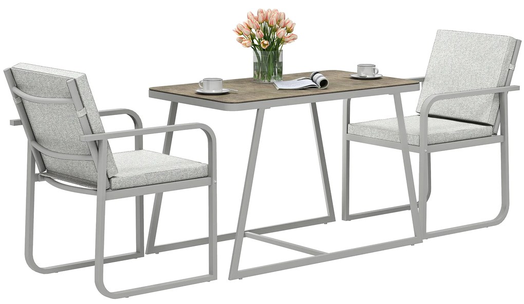 Outsunny Salon de jardin exterior 2 persoane, masă de grădină exterioară cu 2 scaune, 4 perne cadru din oțel gri | Aosom Romania