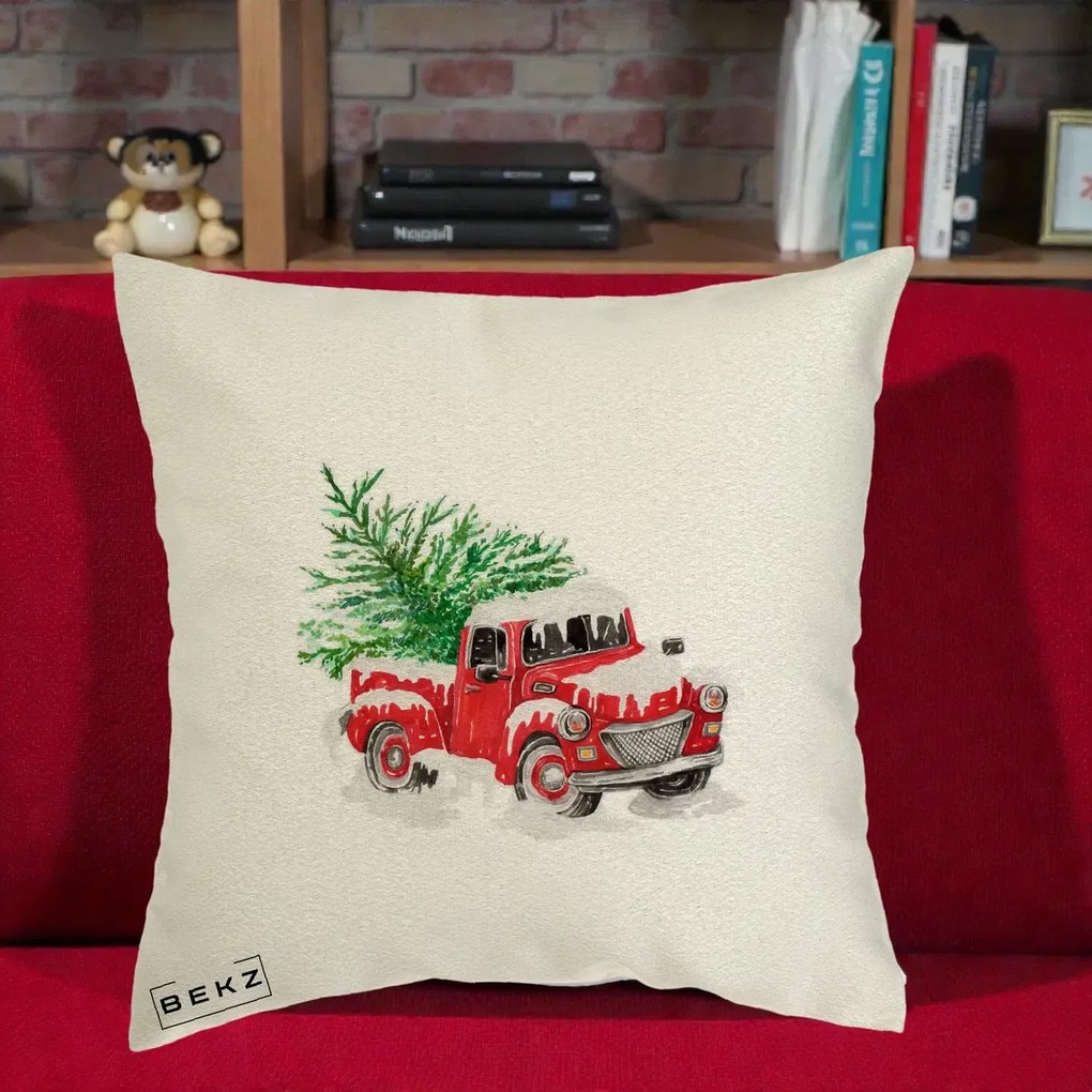 Perna Decorativa Camioneta Rosie Brad de Craciun, 40x40 cm, Ecru, Husa Detasabila, Perna Inclusa, BEKZ®
