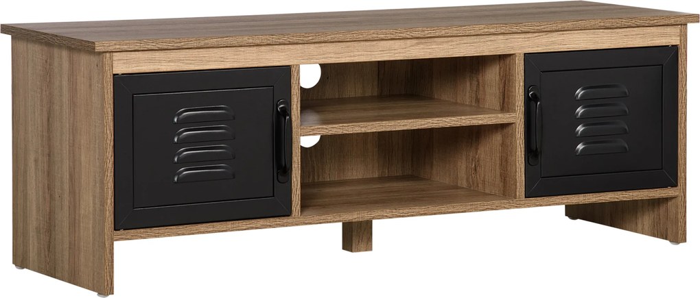 HOMCOM Comodă TV 110 cm, Design Industrial, cu 2 dulapuri, 2 nișe, 2 orificii pentru cabluri, Aspect lemn cu vene, Uși metal negre | Aosom Romania